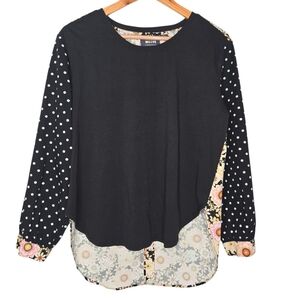 Maeve Anthropologie Womens Black Floral Print Contrast Cotton Split Back Top XS